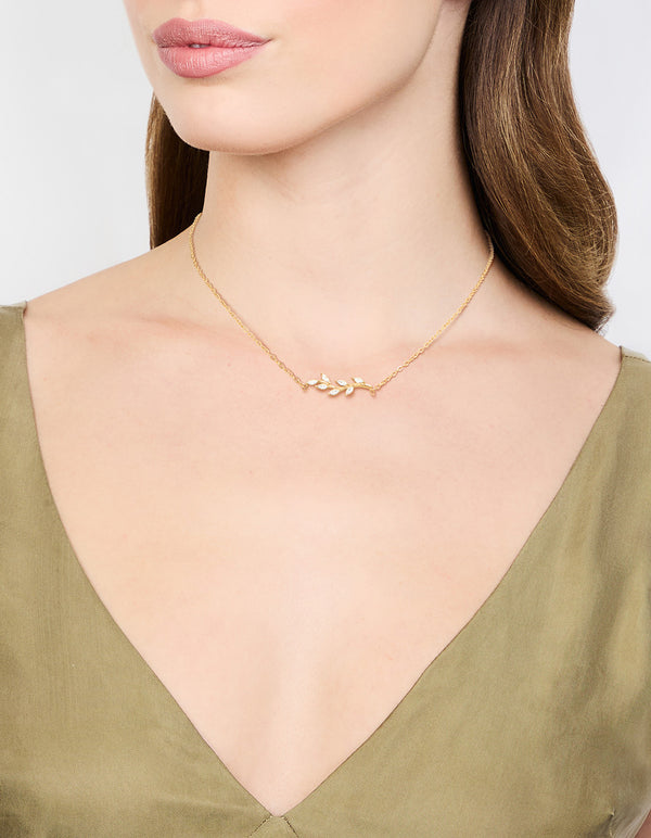 Waterproof Gold Plated Stainless Steel Cubic Zirconia Leaf Pendant Necklace