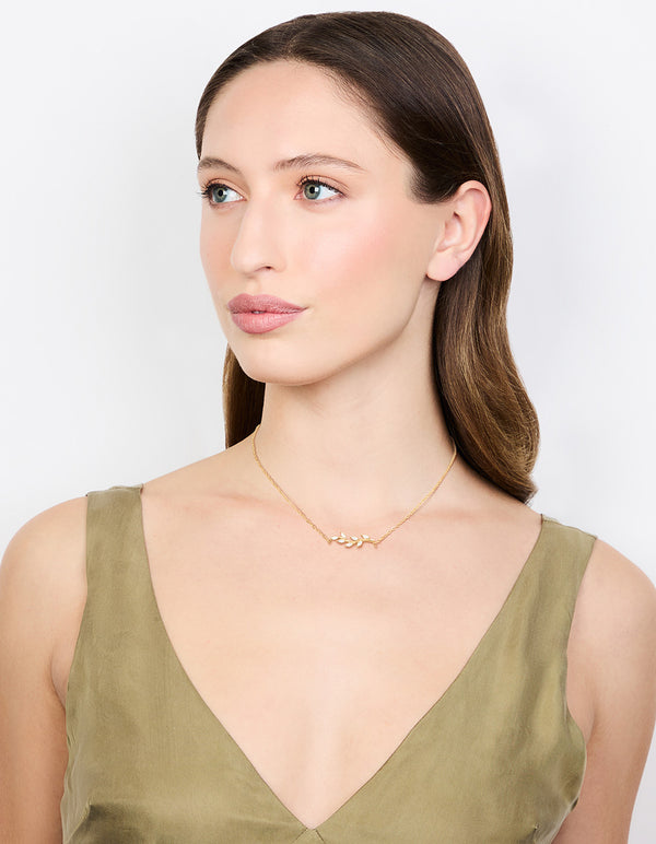 Waterproof Gold Plated Stainless Steel Cubic Zirconia Leaf Pendant Necklace