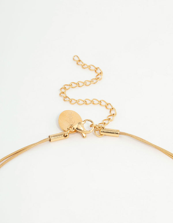Close detail of waterproof gold plated stainless steel layered pearl pendant necklace with adjustable clasp detail view