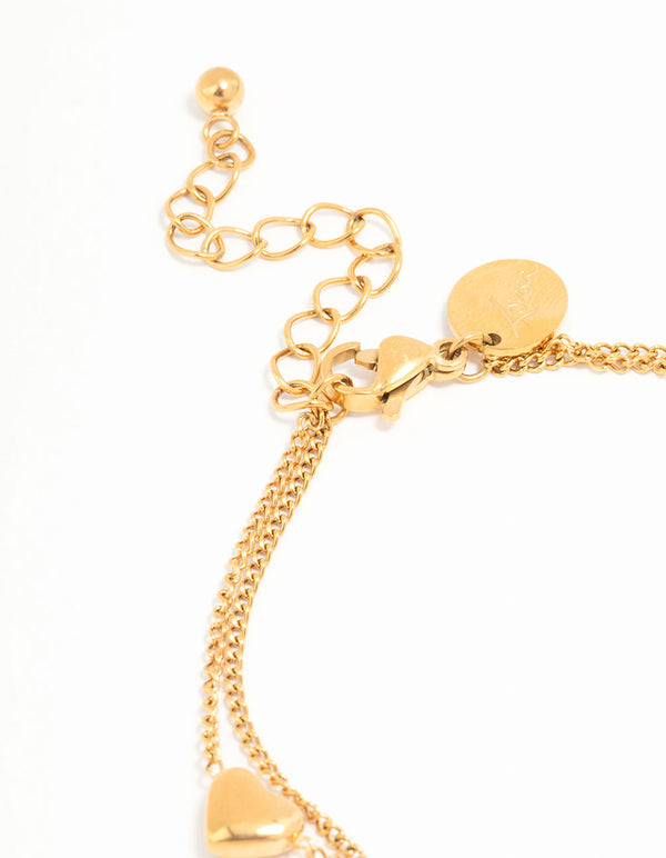 Showcasing waterproof gold plated stainless steel heart charm bracelet closure detail view