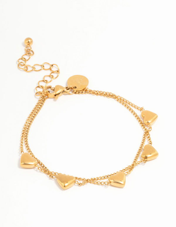 Beautifully crafted waterproof heart charm bracelet in gold plated stainless steel front view