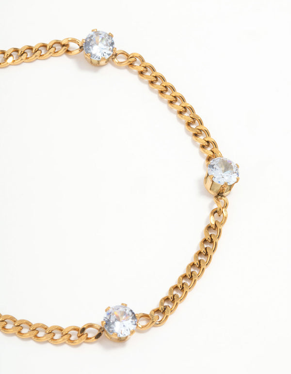 Waterproof Gold Plated Stainless Steel Cubic Zirconia Station Bracelet