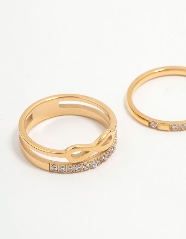 Featuring waterproof gold plated stainless steel infinity rings in a 2-pack close up view