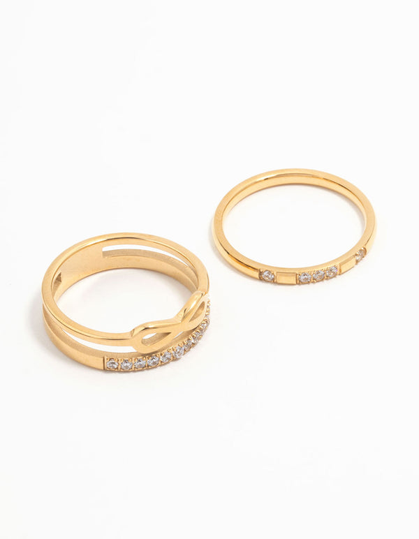 Discover waterproof gold plated stainless steel infinity rings in a 2-pack front view
