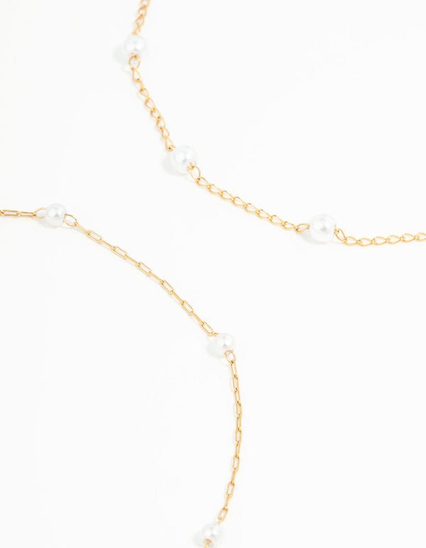 Waterproof Gold Plated Stainless Steel Station & Pearl Anklets 2-Pack