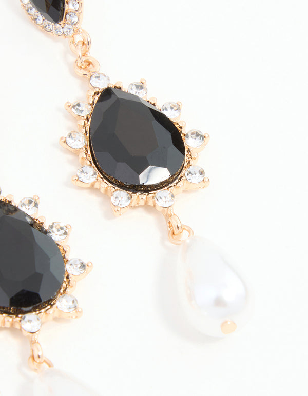 Black Diamante & Pearl Gold Drop Earrings
