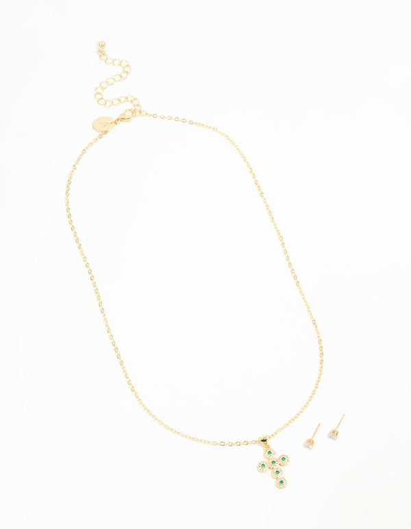 Gold Plated Green Cubic Zirconia Cross Necklace & Stud Earring Set