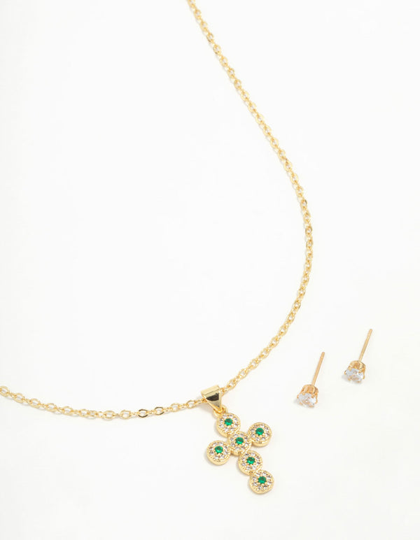 Gold Plated Green Cubic Zirconia Cross Necklace & Stud Earring Set