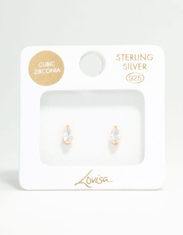 Gold Plated Sterling Silver Pear Shaped Diamante Stud Earrings