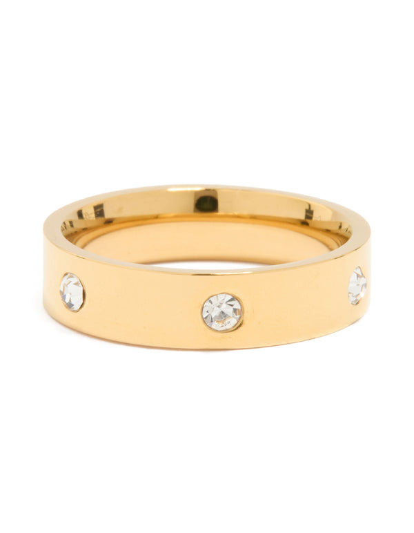 Showcasing a waterproof gold plated stainless steel cocktail band ring featuring cubic zirconia front view