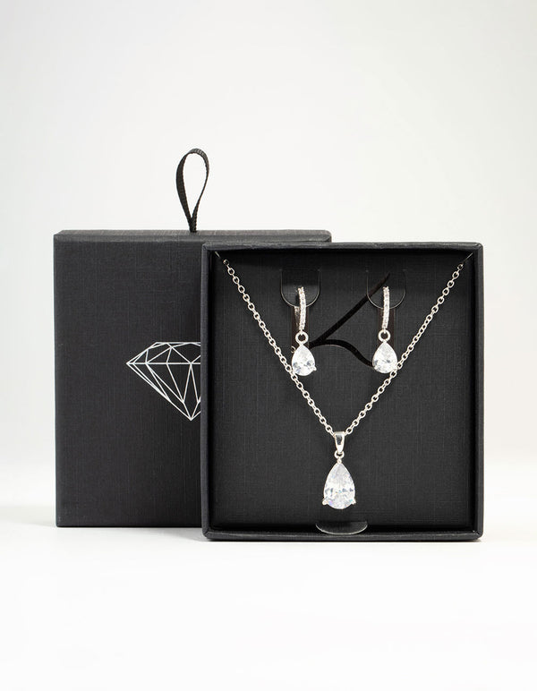 Silver Plated Cubic Zirconia Teardrop Necklace & Earrings Set