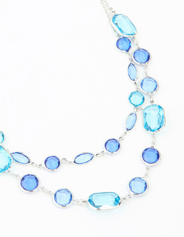 Blue Rectangle Diamante Stone Silver Layered Necklace