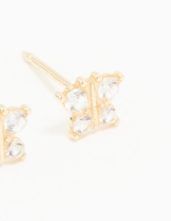 Stunning 14K Solid Yellow Gold Cubic Zirconia Butterfly Piercing Stud with statement style featuring stud closure in gold and clear close up view
