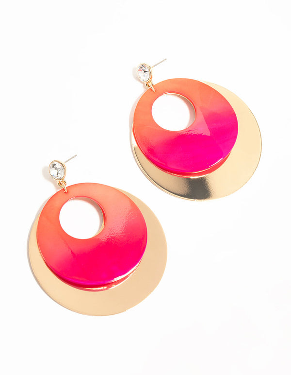 Gold Pink Diamante & Circle Drop Earrings