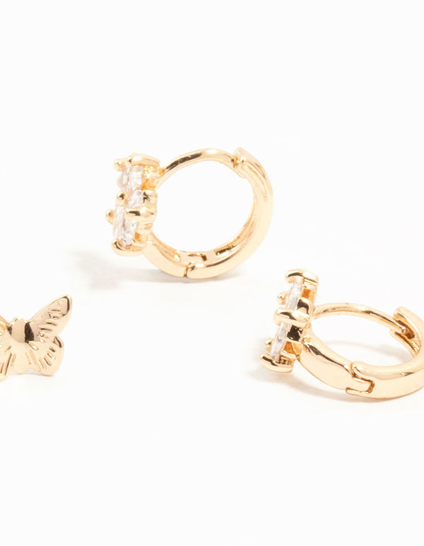 Gold Cubic Zirconia Butterfly Flower 3 Pack Earrings