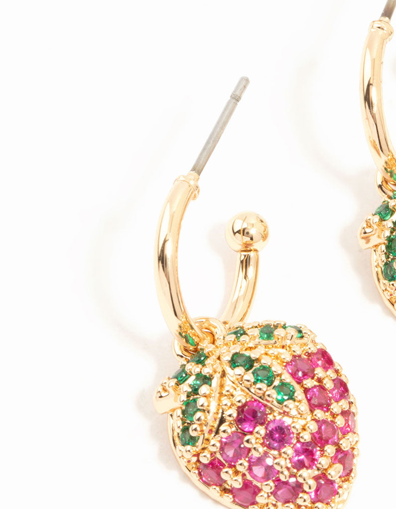 Gold Cubic Zirconia Strawberry Drop Huggie Earrings
