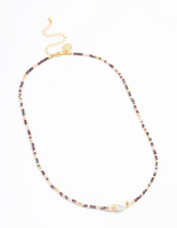Gold Freshwater Pearl & Mini Purple Bead Necklace