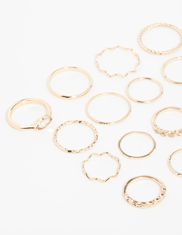 Gold Mixed Twisted Diamante Rings 22-Pack