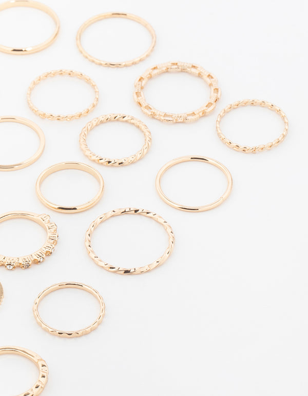 Gold Mixed Twisted Diamante Rings 22-Pack