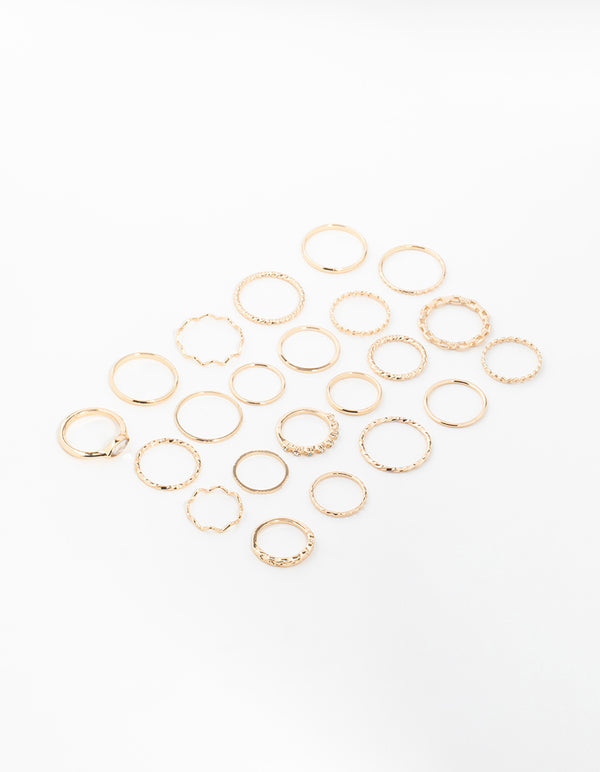Gold Mixed Twisted Diamante Rings 22-Pack