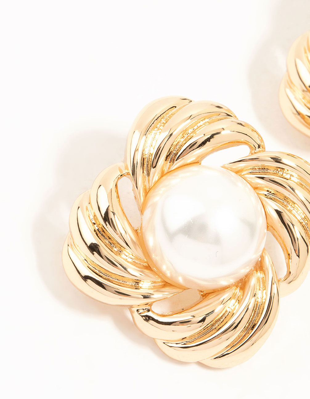Gold Ribbed & Pearl Vintage Stud Earrings