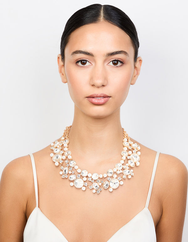 Gold Statement Diamante & Pearl Necklace