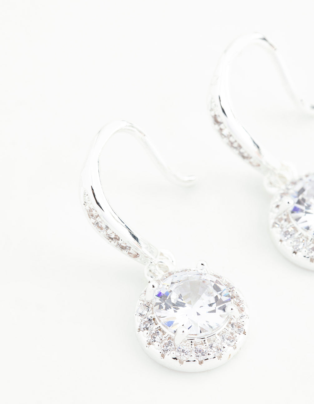 Silver Plated Round Halo Cubic Zirconia Drop Earrings