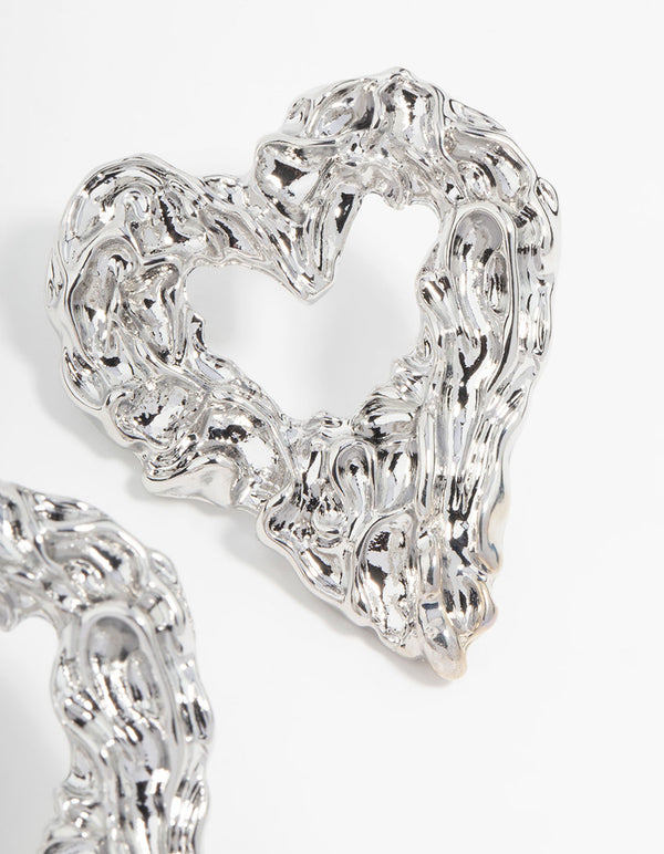 Silver Molten Open Heart Stud Earrings