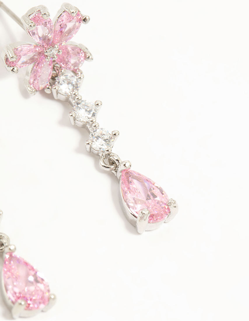 Silver Plated Pink Cubic Zirconia Flower Teardrop Stud Earrings