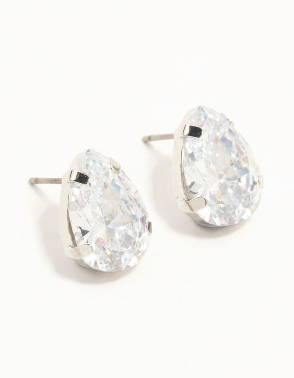 Silver Large Teardrop Cubic Zirconia Stud Earrings