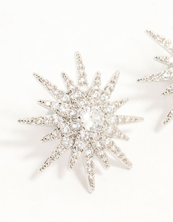 Silver Cubic Zirconia Spiky Star Stud Earrings