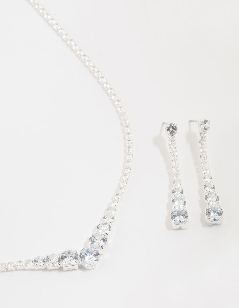 Silver Cubic Zirconia Pointed Earrings & Necklace Set