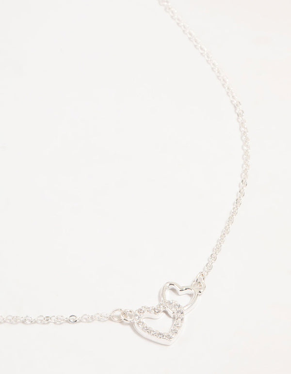 Silver Cubic Zirconia Open Double Heart Necklace
