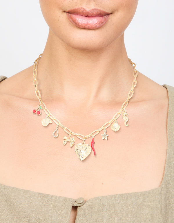 Gold Plated Heart Locket & Seahorse Charm Necklace