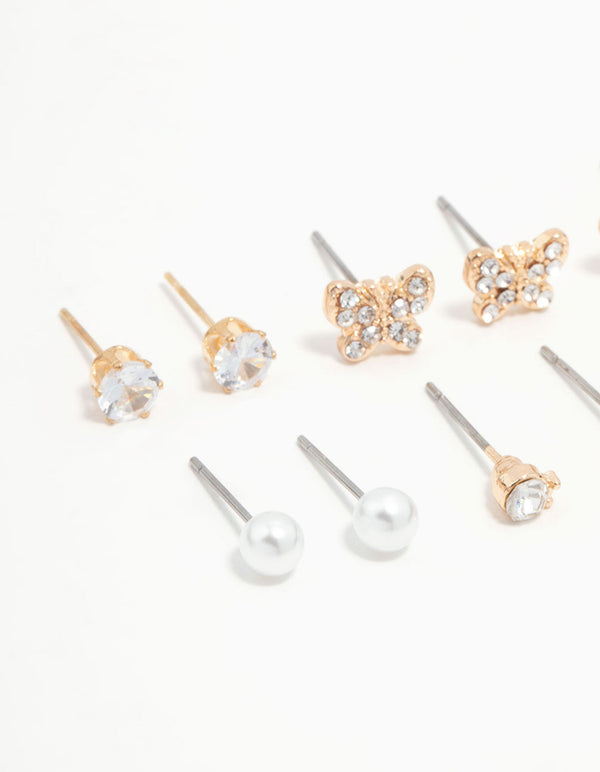 Gold Pearl, Diamante & Butterfly Stud Earrings 8-Pack