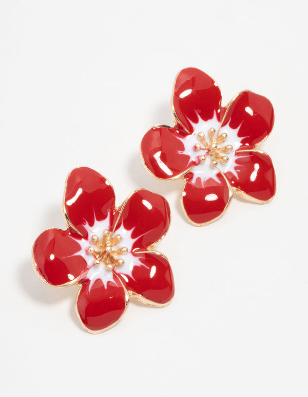 Gold Red Frangipani Stud Earrings