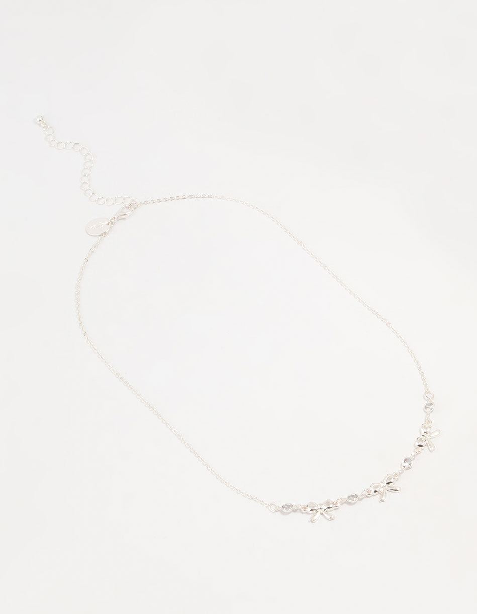Silver Diamante Bow Station Necklace
