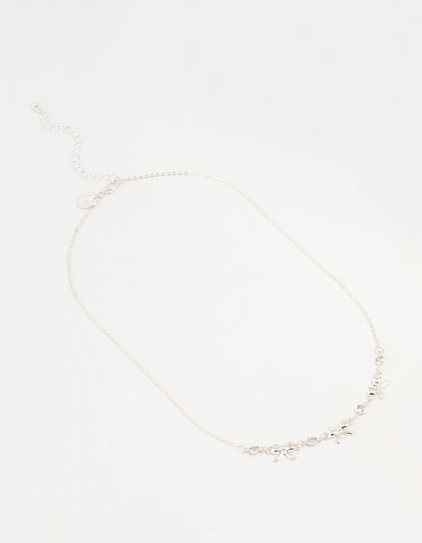 Silver Diamante Bow Station Necklace