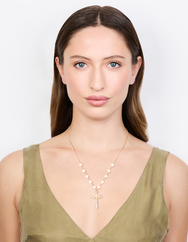 Gold Pearl Cross Diamante Pendant Necklace