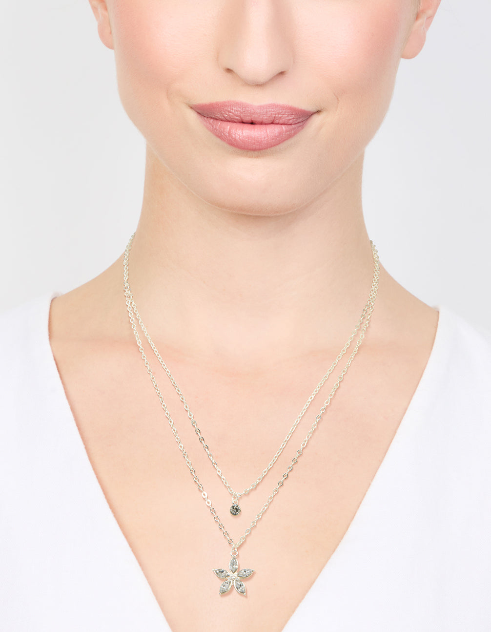 Silver Diamante Flower Layered Necklace