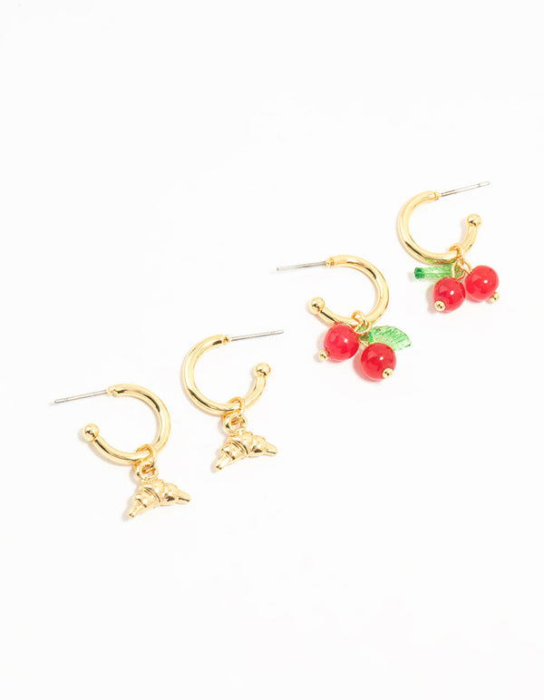 Gold Plated Cherry & Croissant Hoop Earrings 2-Pack