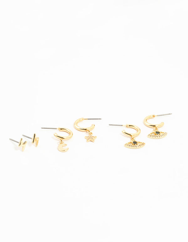 Gold Plated Cubic Zirconia Evil Eye & Moon Earrings 3-Pack