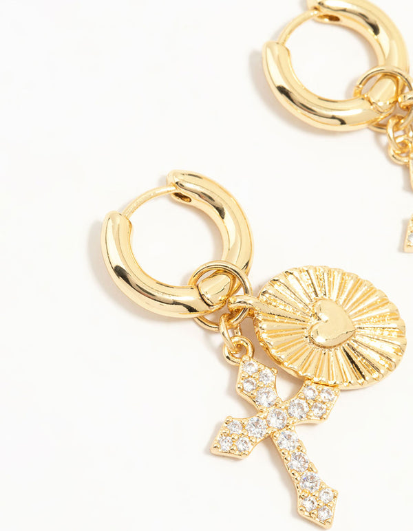 Gold Plated Cubic Zirconia Cross Huggie Earrings