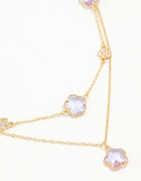 Gold Plated Purple Cubic Zirconia Petal Layered Necklace