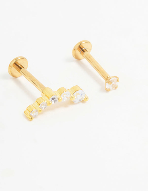 Gold Plated Titanium Cubic Zirconia Ball Flat Back Studs 3-Pack