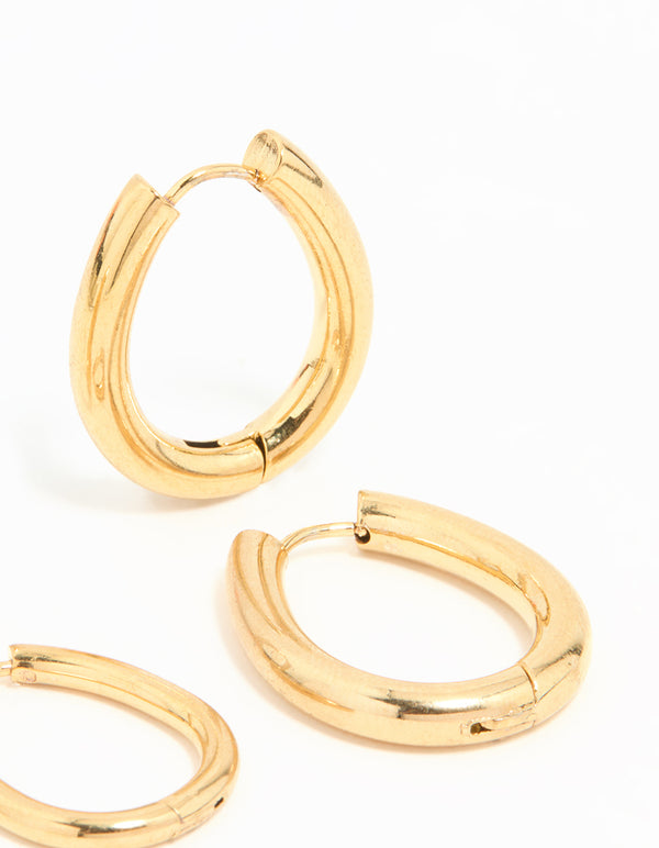 Waterproof Gold Plated Stainless Steel Oval Tube Hoop Earrings 2-Pack