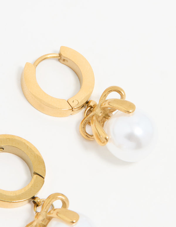 Waterproof Gold Plated Stainless Steel Pearl Huggie Earrings