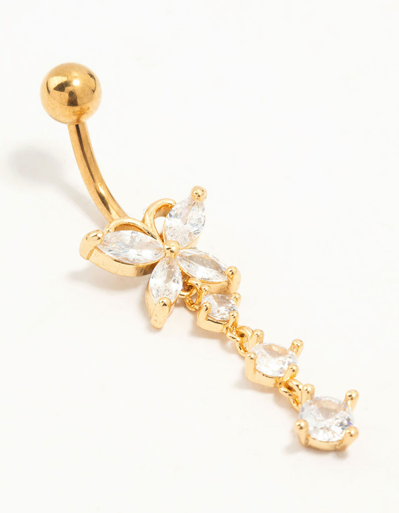 Gold Plated Surgical Steel Cubic Zirconia Butterfly Belly Bar