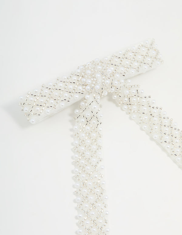 White Fabric Beaded Bow Clip