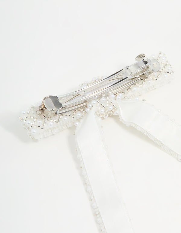 White Fabric Beaded Bow Clip